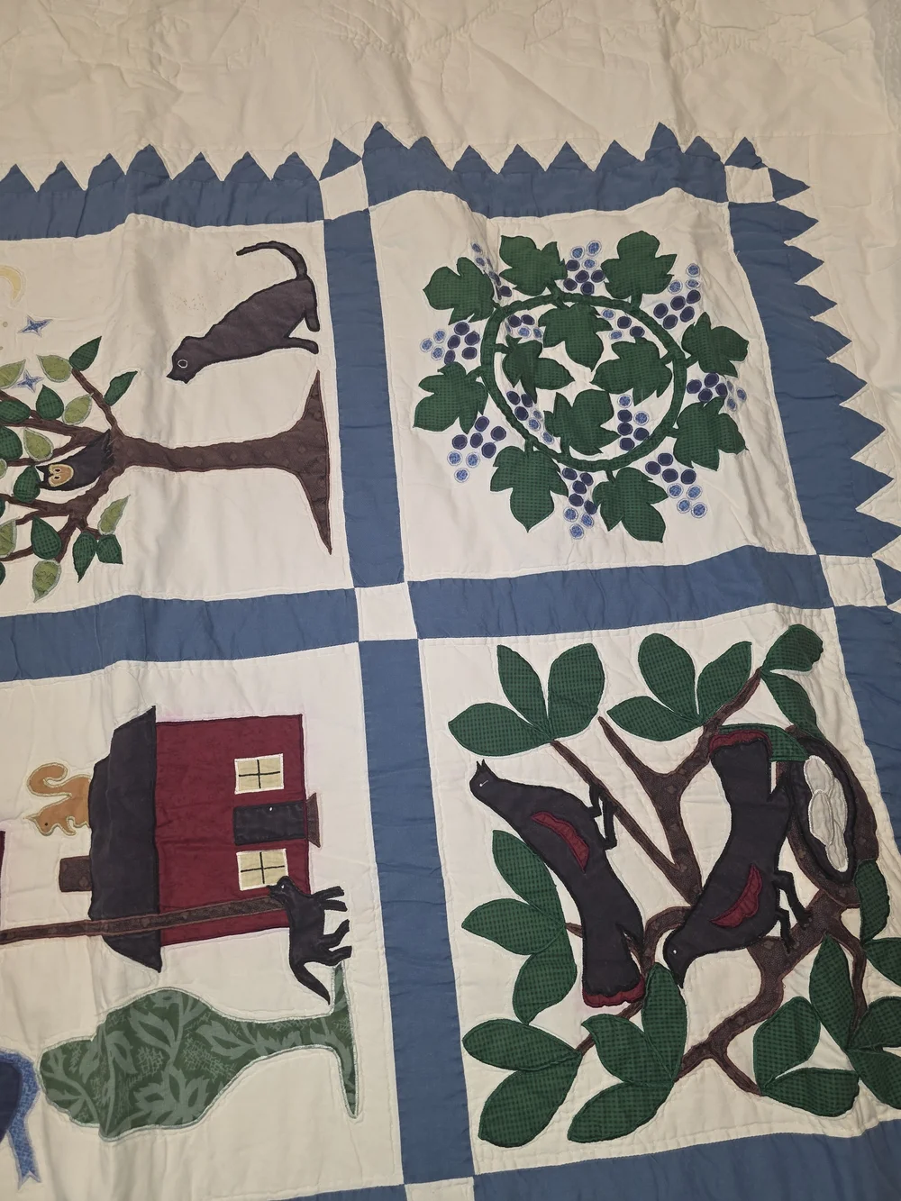 Handmade Blue & White Patchwork Quilt - Floral & Animal Motifs